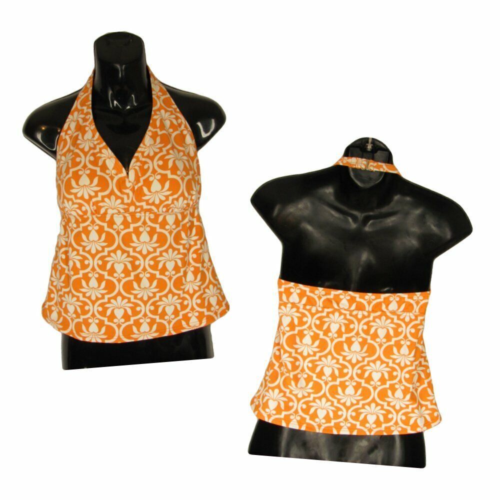 💐 Lands End Womens 6 Swimsuit Orange Lattice White Floral Tropical Tankini Top - Picture 3 of 5